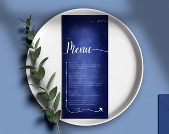 Plantilla de menú de boda de viaje: Tema de avión, tarjeta de cena azul (Canva editable e imprimible, descarga instantánea)