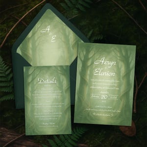Elvish Wedding Invitation Suite – Editable & Printable Canva Template - Fairytale Fantasy Forest Invite, Details Card, Envelope Liners Set
