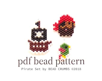 Brick Stitch Bead Pattern, Pirate Set Ship Pirate Parrot, Beadweaving Charms Jewelry PDF Digital Download