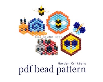 Brick Stitch Beading Pattern, Bee Butterfly Ladybug Snail Garden Critters, Mini Beaded Charm Earring Accessory, PDF Digital Download