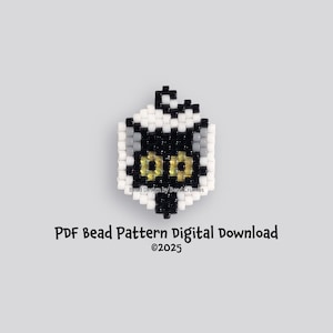 May include: A beaded cat design in black, white, gray, and gold. The cat's face is centered, with gold eyes and a black nose. The text "PDF Bead Pattern Digital Download" and "©2025" are below the cat design.
