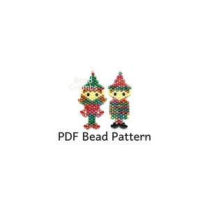 May include: Two elf-shaped beaded figures crafted from small, colourful glass beads. The left elf wears a green hat and red outfit, while the right elf features a multi-coloured hat and patterned body. The text reads Bead Crumbs PDF Bead Pattern.