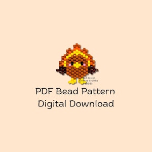 May include: A digital download graphic featuring a beaded bird pattern. The bird is made of brown, yellow, and orange beads. The text "PDF Bead Pattern Digital Download" is below the bird.