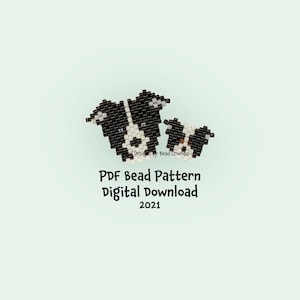 May include: Two beaded dog head patterns in black, white, and brown. The larger dog head is next to a smaller one. The image includes the text "PDF Bead Pattern Digital Download 2021".