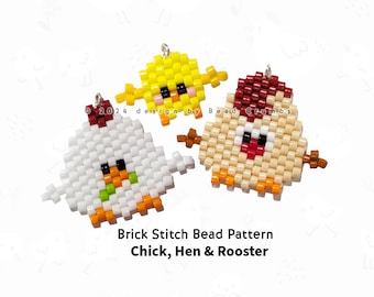 Brick Stitch Chickens - Chick Hen and Rooster, Seed Bead Diagram Animal Charms Earrings Pendants Jewelry, Digital Download