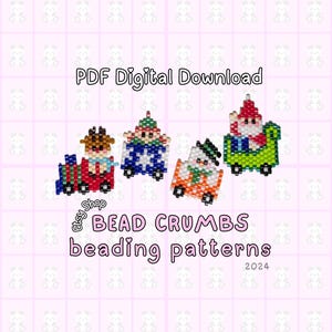 May include: Four holiday-themed beaded figures including a reindeer train, a snowflake ornament, a snowman, and a Santa in a green sleigh. Text reads PDF Digital Download, Etsy Shop BEAD CRUMBS beading patterns 2024 on a light pink grid background.