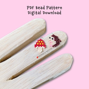 Mini Hedgehog and Mushroom Brick Stitch Beading Pattern for DIY Seed Bead Charm Jewelry Accessory, PDF Digital Download