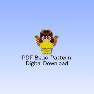 May include: A digital download bead pattern featuring a pixelated angel design. The angel is crafted with brown, gold, and yellow beads, set against a gradient blue background. Text includes "PDF Bead Pattern Digital Download".
