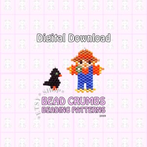 May include: A digital download pattern featuring a beaded scarecrow and a black bird. The text reads Digital Download, Etsy Shop, Bead Crumbs Beading Patterns, and 2019. The scarecrow wears an orange hat, red shirt, and blue overalls made of small beads.