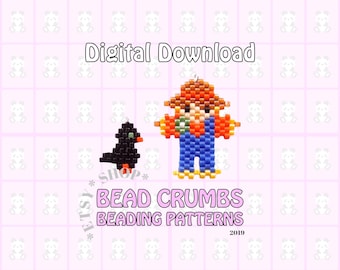 Scarecrow and Crow Brick Stitch Bead Pattern, DIY Beading PDF Digital Download, Miyuki Delica Beadweaving