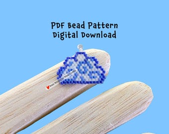 May include: A beaded cloud pendant in shades of blue and white, held against a light wood surface. The pendant is made of small beads, forming a pixelated design. Text at the top reads "PDF Bead Pattern Digital Download".