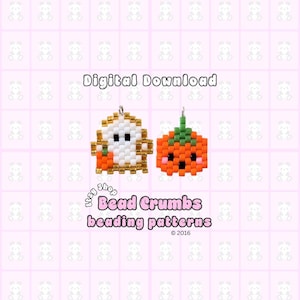 May include: A digital download featuring two beaded charms: a white ghost with black eyes and a gold border, and an orange pumpkin with a green stem and pink cheeks. Text reads: Digital Download, Etsy shop Bead Crumbs beading patterns © 2016.