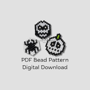 May include: Three beaded Halloween-themed designs: a skull, a spider, and a pumpkin. The designs are black and white, with a green stem on the pumpkin. The text "PDF Bead Pattern Digital Download" is below the designs.