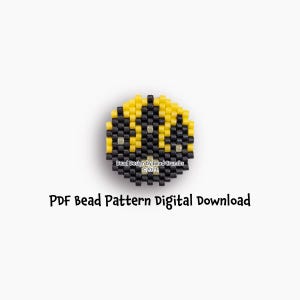 May include: A beaded design in yellow and black, resembling a stylized bee or insect, is centered on a white background. The text "PDF Bead Pattern Digital Download" is below the design. The design is a hexagon shape.