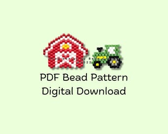 Brick Stitch Beading Pattern, Red Barn & Green Tractor Charms, PDF Digital Download
