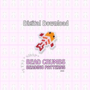 May include: A digital download featuring a koi fish bead pattern. The fish is crafted from white, red, and orange beads. Text reads: Digital Download, Etsy Shop, Bead Crumbs Beading Patterns, and 2021. The background is a light pink grid with small white bear icons.
