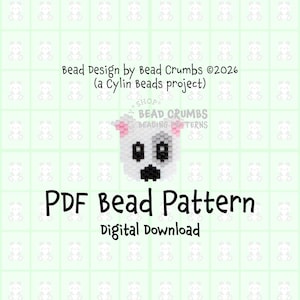 May include: A digital PDF bead pattern with a white beaded bear design, pink ears, and a black nose and mouth. The text "PDF Bead Pattern Digital Download" is below the bear image. The background is light green with panda bear graphics.