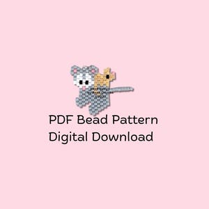 Könnte beinhalten: Digitaler Download-Grafik auf rosa Hintergrund. Die Grafik zeigt ein Perlenmuster von zwei Zeichentieren, einem grauen und einem beigen, mit einem langen grauen Schwanz. Der Text "PDF Bead Pattern Digital Download" steht darunter.
