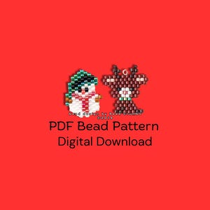 May include: A red background featuring a beaded snowman and reindeer design. The snowman has a green hat and scarf, and the reindeer has brown antlers. Text at the bottom reads "PDF Bead Pattern Digital Download".