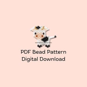 May include: A pixelated cow bead pattern in white, black, and tan colors. The cow has a small tail and is standing on a light pink background. Text at the bottom reads "PDF Bead Pattern Digital Download".