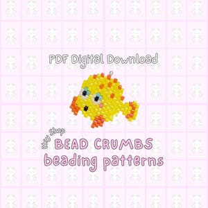 May include: A yellow and orange beaded fish charm featuring white and black eyes, displayed above the text PDF Digital Download and the text Etsy shop BEAD CRUMBS beading patterns on a light pink background with a white grid of small bear icons.