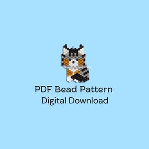 Könnte beinhalten: Ein Perlenmuster einer Katze in Schwarz, Weiß, Grau und Orange. Das Bild ist ein digitaler Download mit dem Text "PDF Bead Pattern Digital Download" auf hellblauem Hintergrund.