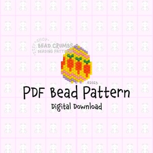 May include: A digital PDF bead pattern with an Easter egg design. The egg is yellow with orange carrot accents and green tops. The background is a light pink grid pattern with white bear illustrations. Text reads "PDF Bead Pattern" and "Digital Download".