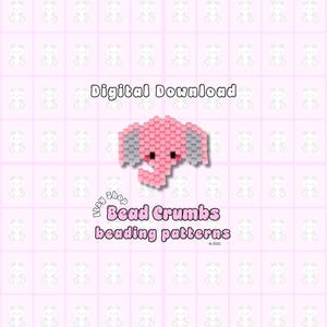 May include: A pink and gray beaded elephant head pattern with the text Digital Download, Etsy shop Bead Crumbs beading patterns, and 2021. The design features a grid of small square beads forming the animal shape against a light pink background.