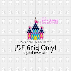 Puede incluir: Un diseño de castillo de cuentas colorido con cuentas rosas, azules, amarillas y azul marino. La imagen incluye el texto "PDF Grid Only! Digital Download" y "Bead Crumbs Beading Patterns". El fondo tiene un patrón de osos panda blancos.