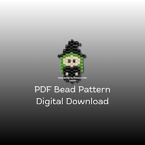 Könnte beinhalten: Ein pixeliges Perlenmuster einer Hexe mit schwarzem Hut, grünem Gesicht und schwarzem Outfit. Der Text "PDF Bead Pattern Digital Download" steht unter dem Bild. Das Design stammt von Bead Crumbs.