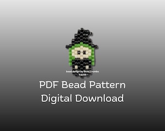 May include: A pixelated bead design of a witch with a black hat, green face, and black outfit. The text "PDF Bead Pattern Digital Download" is below the image. The design is by Bead Crumbs.