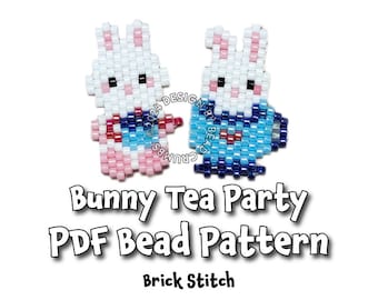Bunny Tea Party motif brique point brique, lapin animal schéma PDF pour breloques perles de rocaille boucles d'oreilles pendentifs bijoux