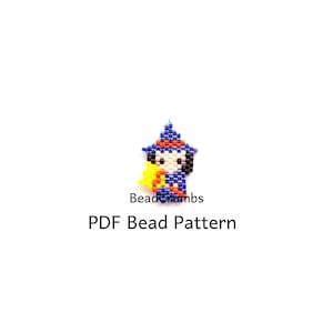 Könnte beinhalten: Eine sternförmige Perlenfigur in Blau, Orange, Gelb und Weiß, die einer Zeichentrickfigur ähnelt. Die Figur ist ein PDF-Perlenmuster. Der Text "Bead Crumbs" und "PDF Bead Pattern" sind ebenfalls sichtbar.