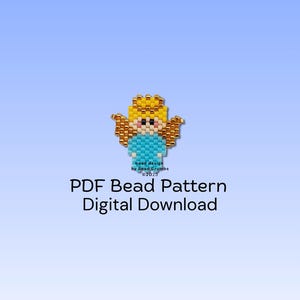 May include: A beaded angel design in gold, yellow, pink, and blue, with the text "PDF Bead Pattern Digital Download" on a gradient blue background. The angel has a halo and wings.