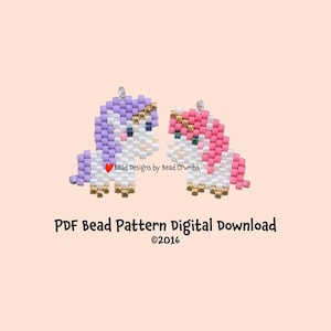 Puede incluir: Dos diseños de unicornios de cuentas, uno morado y blanco, el otro rosa y blanco, con detalles dorados. La imagen incluye el texto "PDF Bead Pattern Digital Download ©2016" y el texto "Bead Designs by Bead Crumbs".
