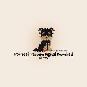 May include: A beaded dog figurine in black, beige, and red. The dog is sitting with its front paws together. The image includes the text "PDF Bead Pattern Digital Download" and "©2020".