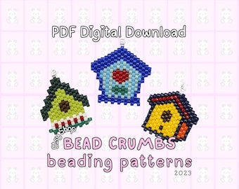 May include: Three birdhouse-shaped beaded charms in green, blue, and yellow, displayed with the text PDF Digital Download, Etsy Shop, BEAD CRUMBS beading patterns 2023. The charms feature intricate beadwork with small metallic loops at the top.