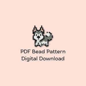May include: A digital PDF bead pattern download featuring a pixelated husky dog design in black, white, and gray beads. The text "PDF Bead Pattern Digital Download" is below the image on a light peach background.