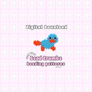May include: A digital download pattern featuring a pixelated blue and orange platypus made of beads. The text reads Digital Download, Etsy shop Bead Crumbs beading patterns, and 2021. The design is centered on a light pink grid background.
