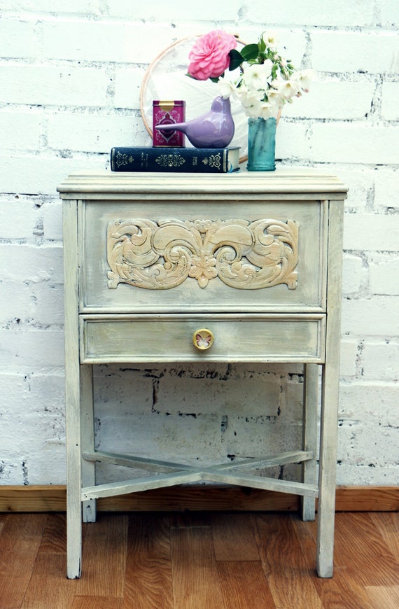 Vintage Wooden Upcycled Grey Cream Sewing Chest Cabinet Etsy