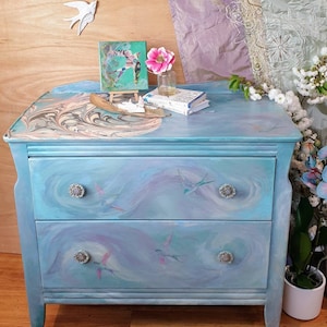 Vintage Chest of Drawers, retro Lebus dresser, Hand-painted blue 2 drawer chest,  stamped Swallows -birds and blended paint.