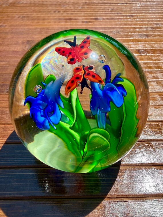 Vintage- Butterflies and Blue Floral Glass Paperweight