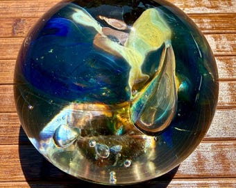 Vintage- Blue, Yellow, & White Swirl with Bubbles- Signed Glass Paperweight