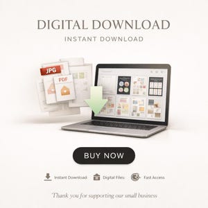 May include: A laptop screen shows design templates. A green arrow points down from a stack of PDF and JPG files. The words "DIGITAL DOWNLOAD" and "INSTANT DOWNLOAD" are at the top. A black button reads "BUY NOW".