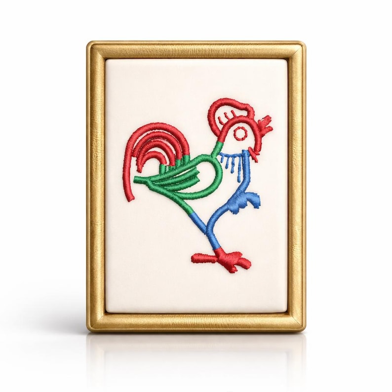 May include: Embroidered artwork in a gold frame, depicting a rooster. The rooster design uses red, green, and blue thread on a cream background. The frame adds a decorative element to the artwork, which is suitable for wall display.