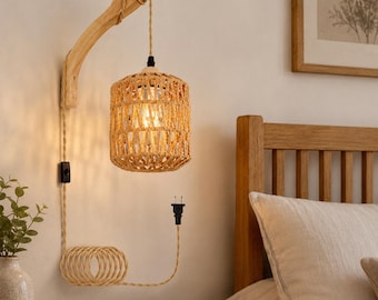 Rattan Lamp with Plug in Cord Hand Boho Wall Sconces Wall Lighting for Bedroom Living Room