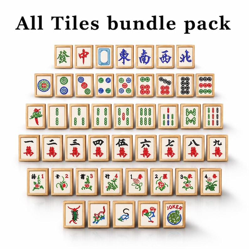 May include: A collection of Mahjong tiles with wooden frames. The tiles display diverse symbols, numbers, and characters in red, green, and blue. The text "All Tiles bundle pack" is at the top.