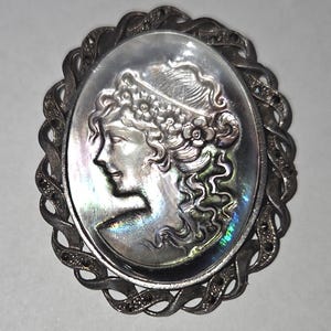 Abalone Shell and Maracasite Cameo Brooch - 925 Sterling Silver
