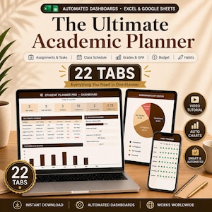 Akademisk planerare Google Sheets Excel-uppgiftsspårare (digital nedladdning)