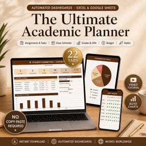 May include: A digital academic planner for Excel and Google Sheets displayed on a laptop, tablet, and smartphone. The interface features automated dashboards, assignment tracking, class schedules, grade monitoring, budget tools, and habit trackers.
